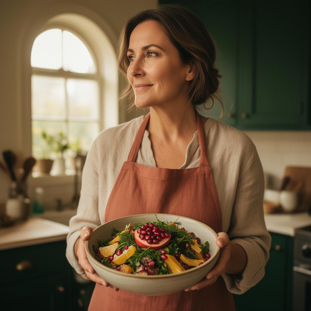 A woman in a sunlit kitchen holding a bowl of fresh Mediterranean salad